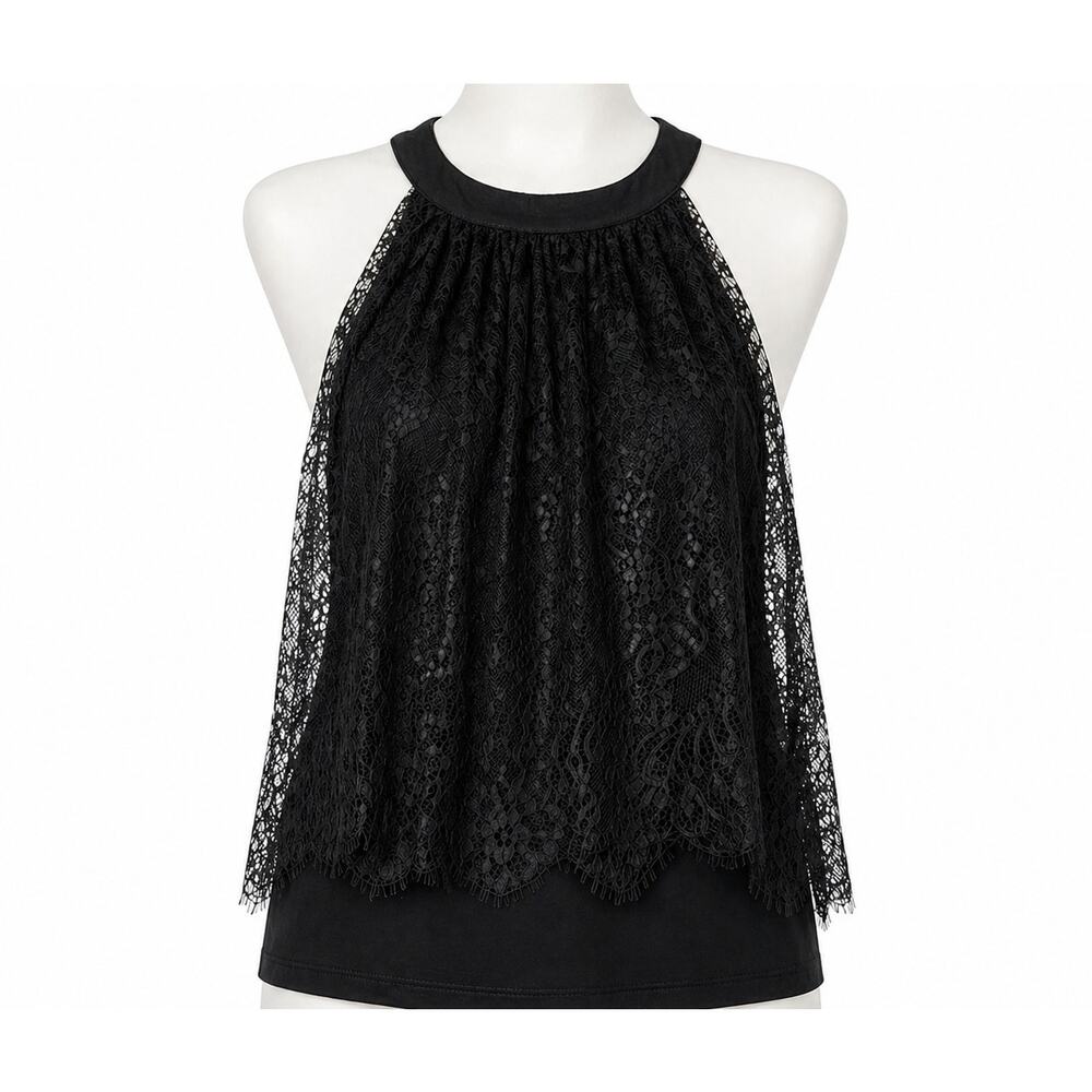 Elie Tahari Black Lace Halter Blouse Sheer Overlay Top - Size S